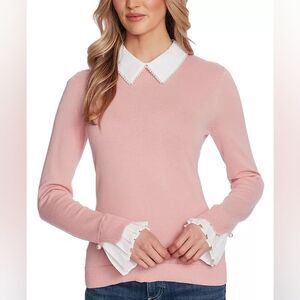 CeCe Peter Pan Collar Pearl Embellished Pullover Sweater